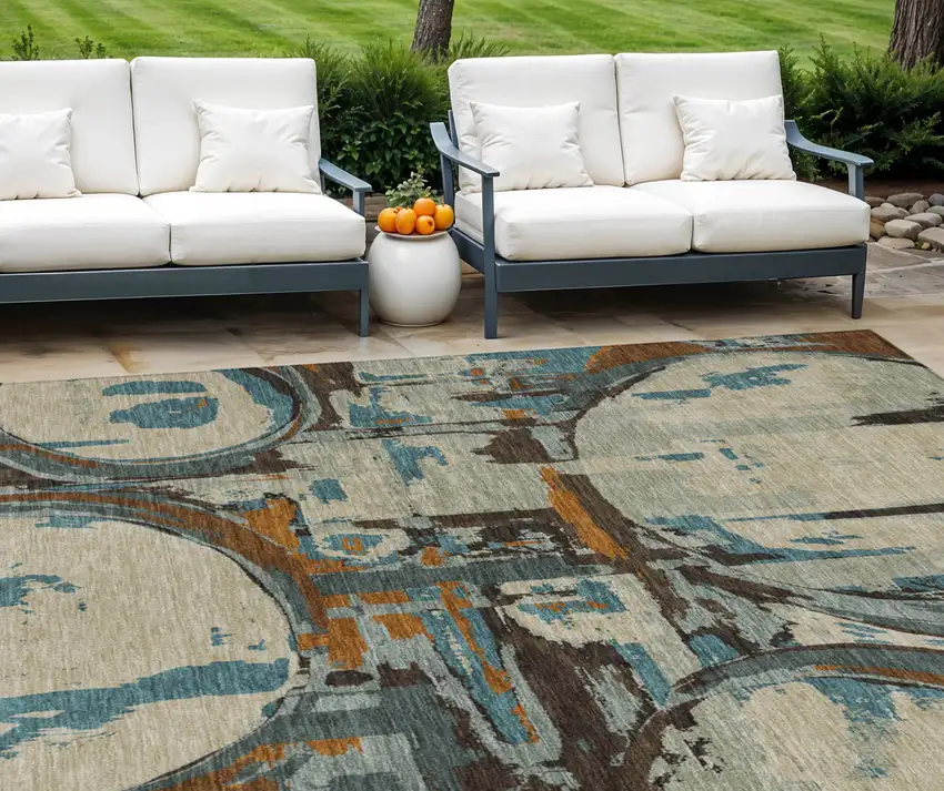 Beige Brown And Copper Geometric Washable Indoor Outdoor Area Rug Photo 1