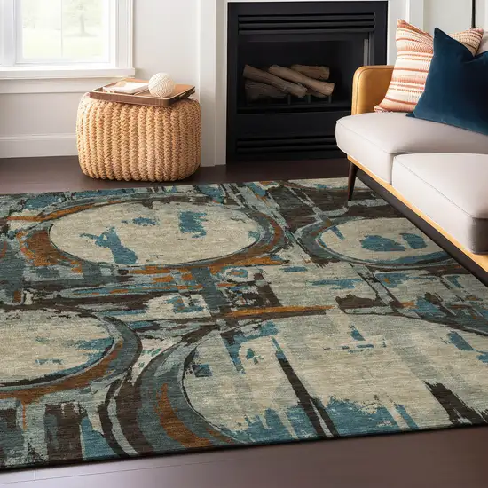 Beige Brown And Copper Geometric Washable Indoor Outdoor Area Rug Photo 9