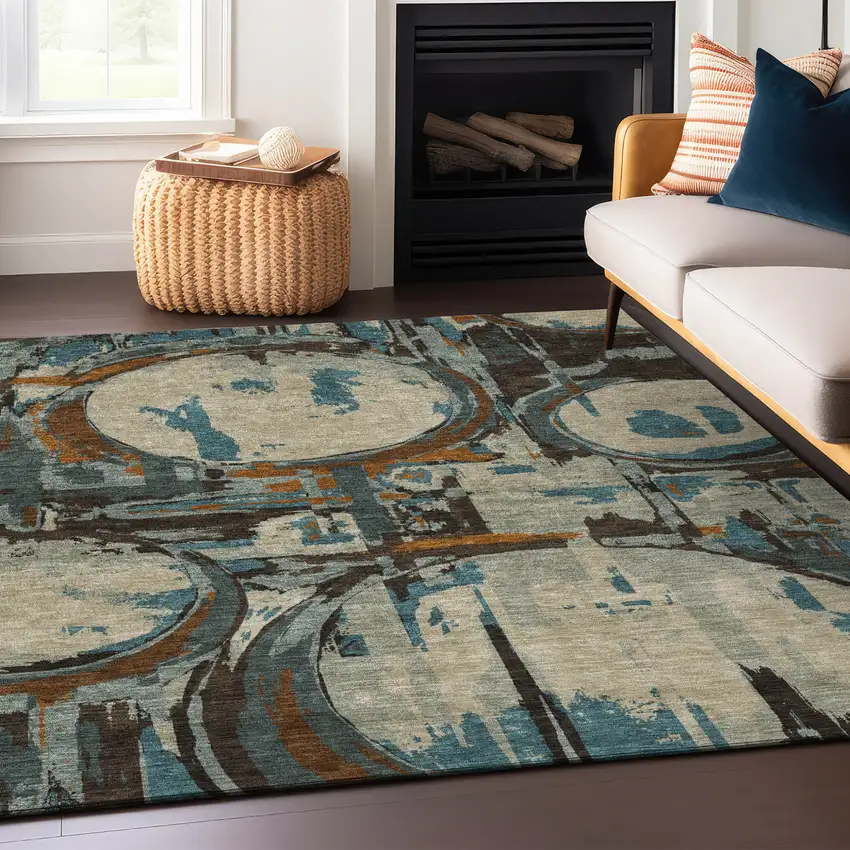 Beige Brown And Copper Geometric Washable Indoor Outdoor Area Rug Photo 9