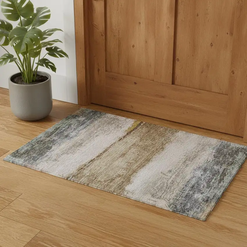 Beige Brown And Gray Abstract Washable Area Rug With UV Protection Photo 1