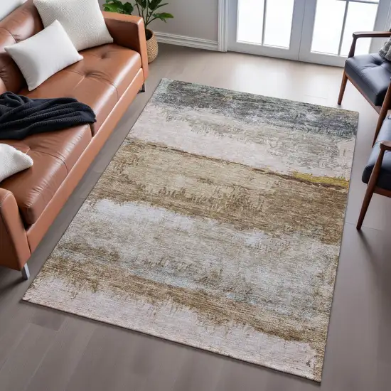Beige Brown And Gray Abstract Washable Area Rug With UV Protection Photo 1