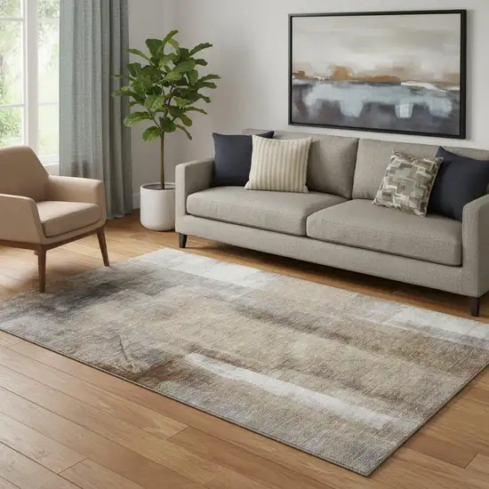 Beige Brown And Gray Abstract Washable Area Rug With UV Protection Photo 2