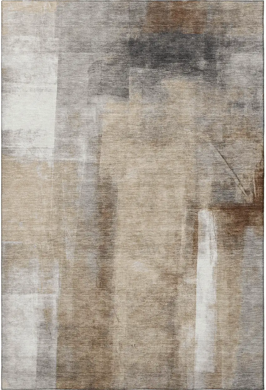 Beige Brown And Gray Abstract Washable Area Rug With UV Protection Photo 3