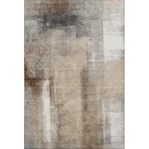 Photo of Beige Brown And Gray Abstract Washable Area Rug With UV Protection