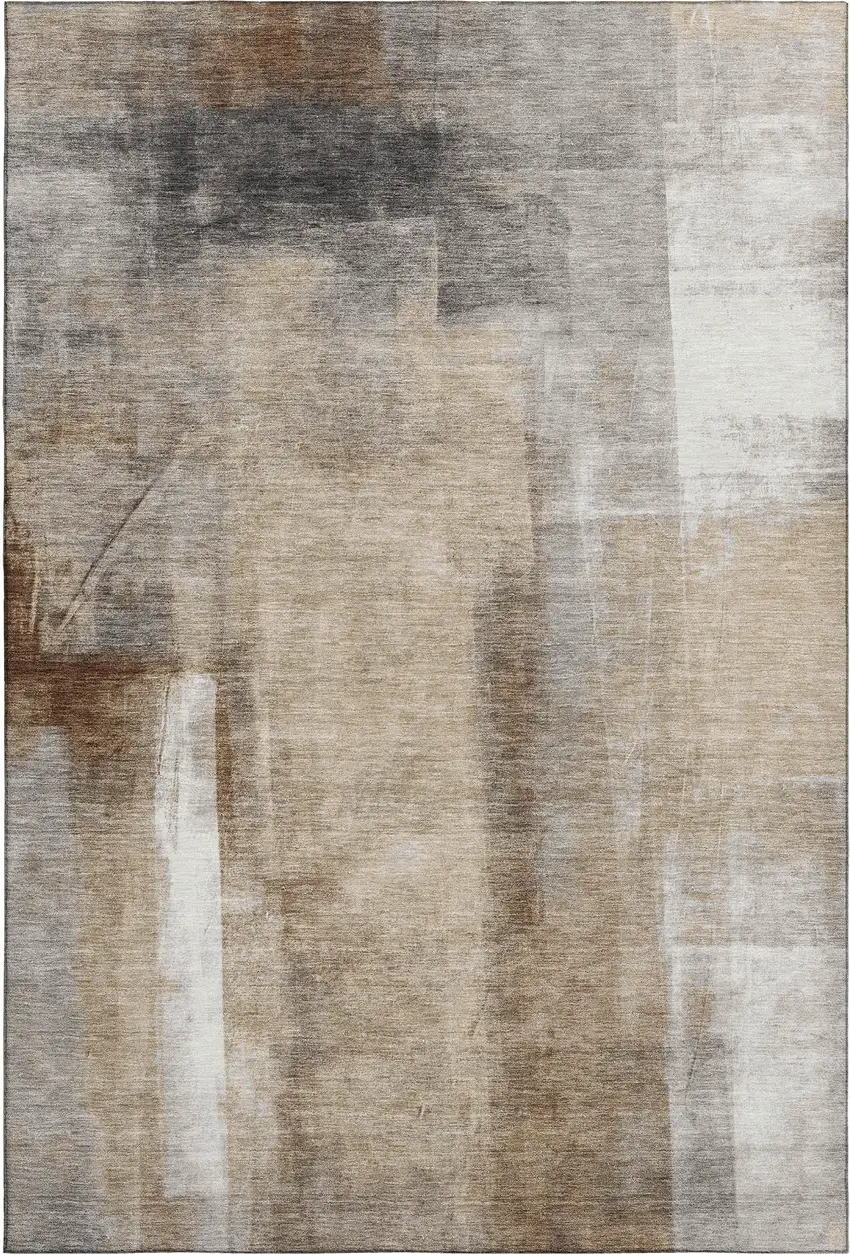 Beige Brown And Gray Abstract Washable Area Rug With UV Protection Photo 1