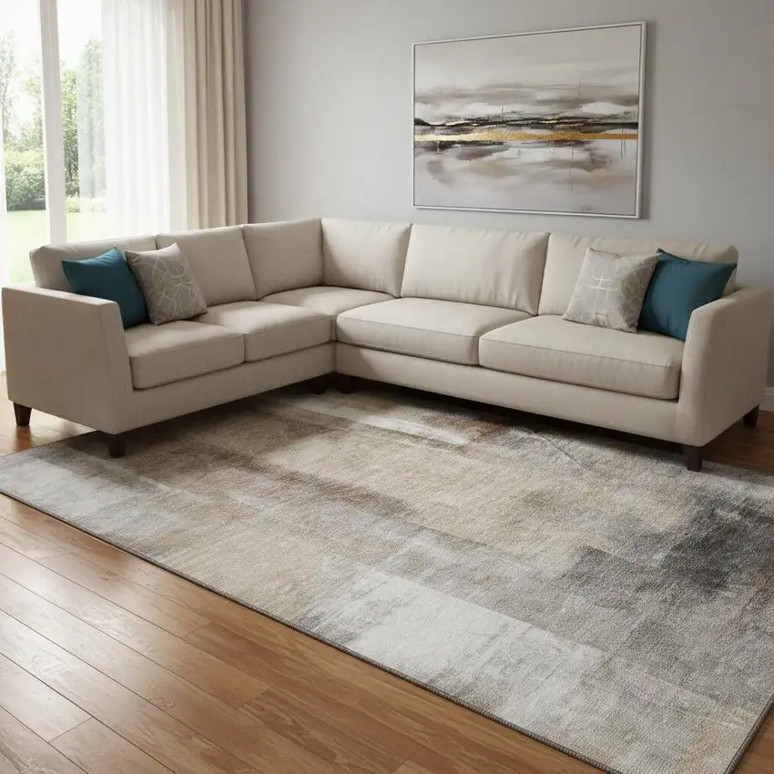 Beige Brown And Gray Abstract Washable Area Rug With UV Protection Photo 2