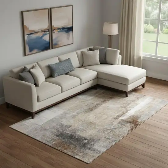 Beige Brown And Gray Abstract Washable Area Rug With UV Protection Photo 2