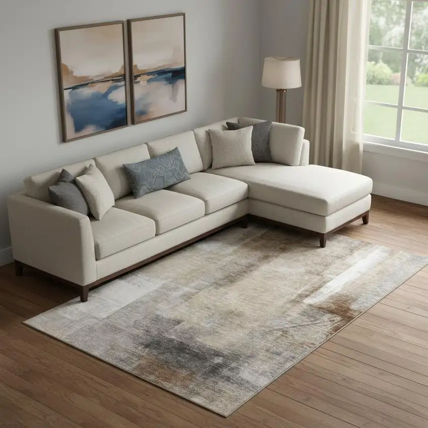Beige Brown And Gray Abstract Washable Area Rug With UV Protection Photo 2