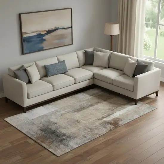 Beige Brown And Gray Abstract Washable Area Rug With UV Protection Photo 2