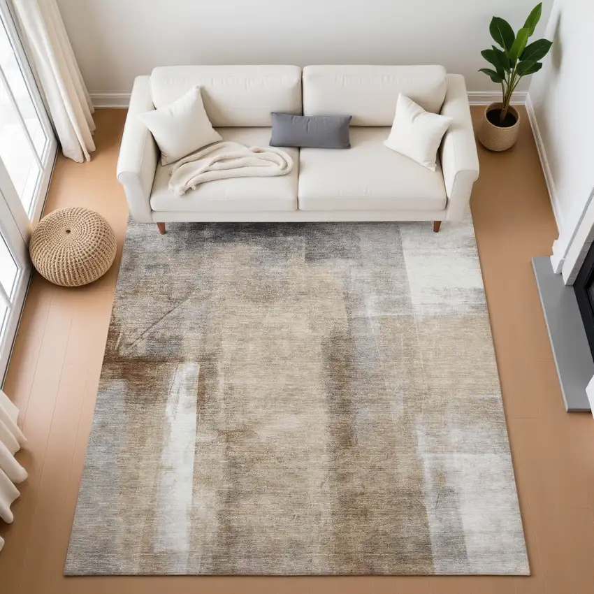 Beige Brown And Gray Abstract Washable Area Rug With UV Protection Photo 5