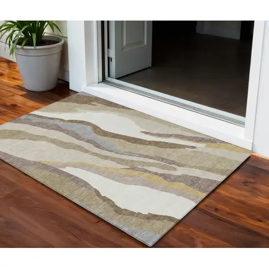 Beige Brown And Gray Abstract Washable Indoor Outdoor Area Rug Photo 1