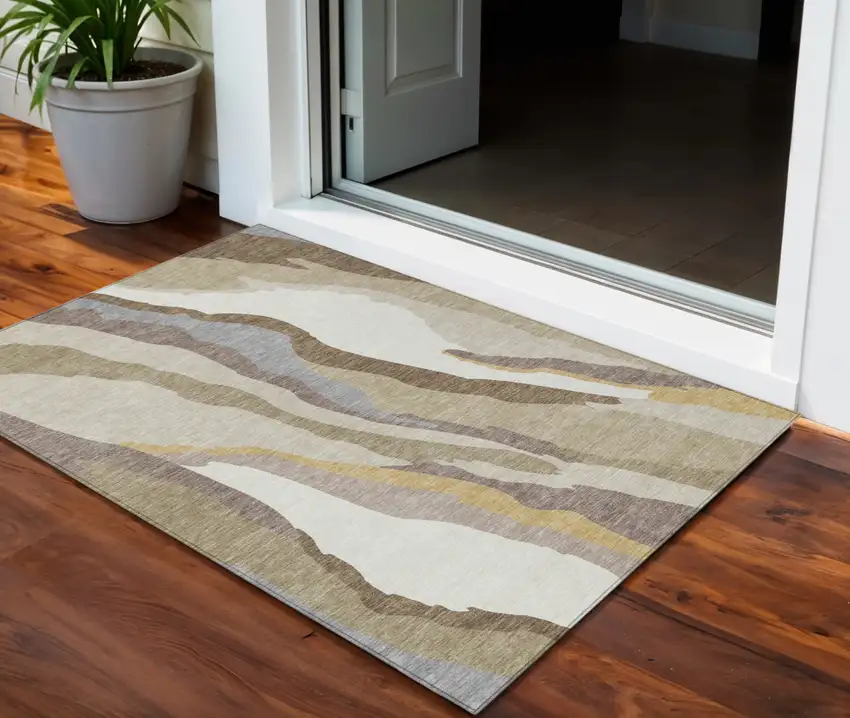 Beige Brown And Gray Abstract Washable Indoor Outdoor Area Rug Photo 1
