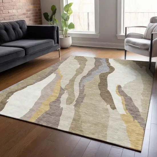 Beige Brown And Gray Abstract Washable Indoor Outdoor Area Rug Photo 9