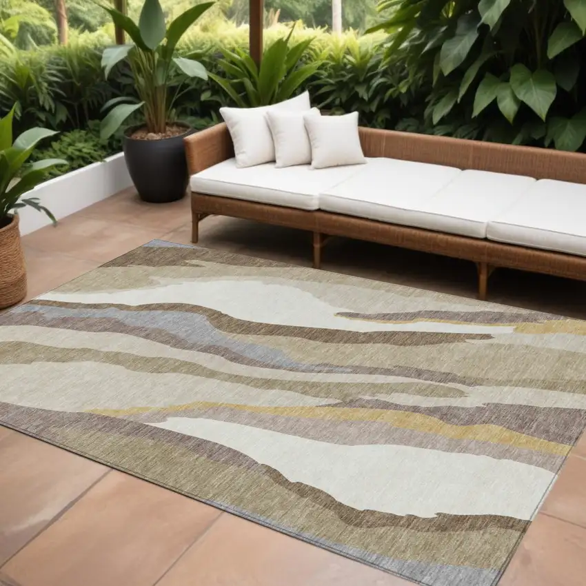 Beige Brown And Gray Abstract Washable Indoor Outdoor Area Rug Photo 1