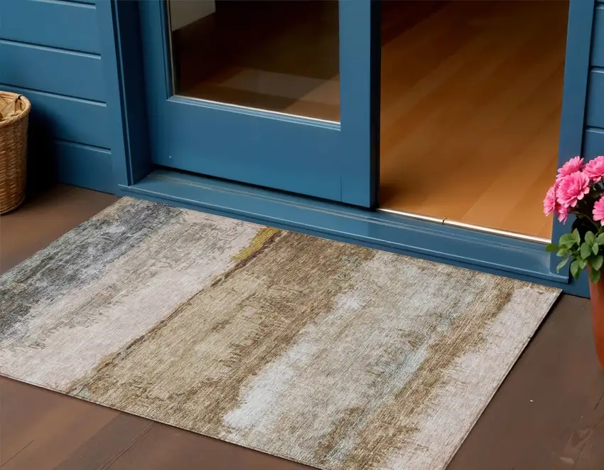 Beige Brown And Gray Abstract Washable Indoor Outdoor Area Rug Photo 1
