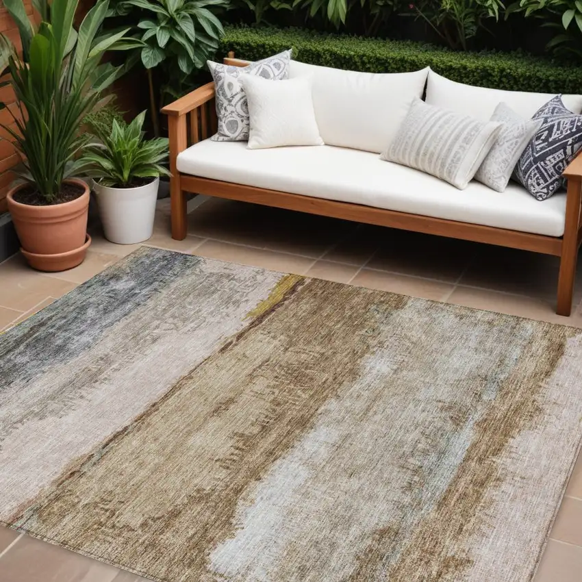 Beige Brown And Gray Abstract Washable Indoor Outdoor Area Rug Photo 1