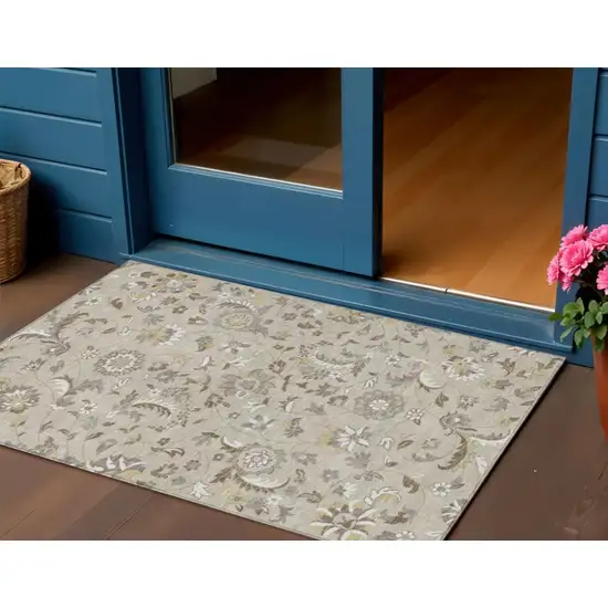 Beige Brown And Gray Floral Washable Indoor Outdoor Area Rug Photo 1