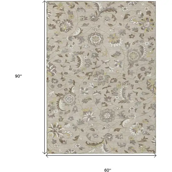 Beige Brown And Gray Floral Washable Indoor Outdoor Area Rug Photo 3