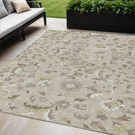 Beige Brown And Gray Floral Washable Indoor Outdoor Area Rug Photo 1