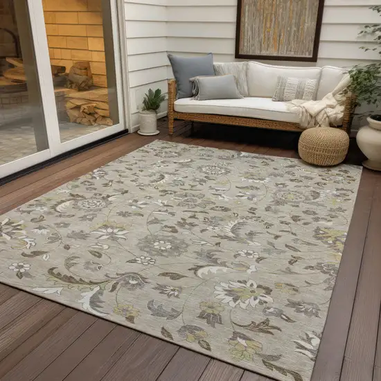 Beige Brown And Gray Floral Washable Indoor Outdoor Area Rug Photo 8