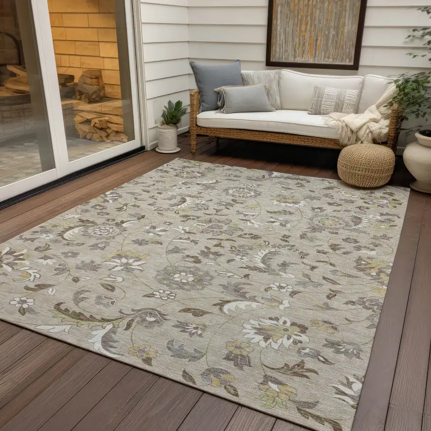 Beige Brown And Gray Floral Washable Indoor Outdoor Area Rug Photo 8