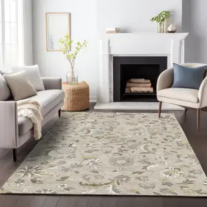 Photo of Beige Brown And Gray Floral Washable Indoor Outdoor Area Rug