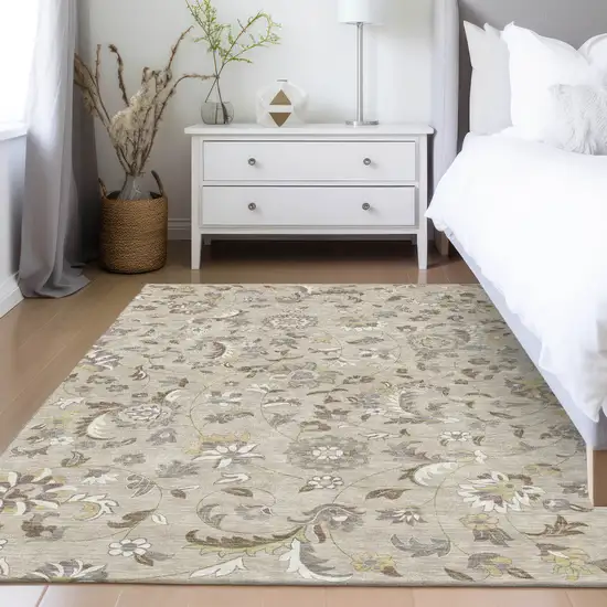 Beige Brown And Gray Floral Washable Indoor Outdoor Area Rug Photo 9