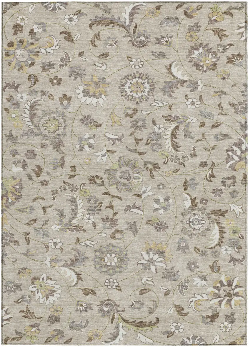 Beige Brown And Gray Floral Washable Indoor Outdoor Area Rug Photo 7