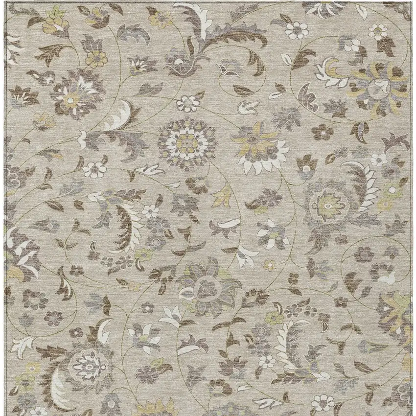 Beige Brown And Gray Floral Washable Indoor Outdoor Area Rug Photo 6