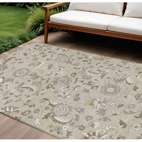 Beige Brown And Gray Floral Washable Indoor Outdoor Area Rug Photo 1