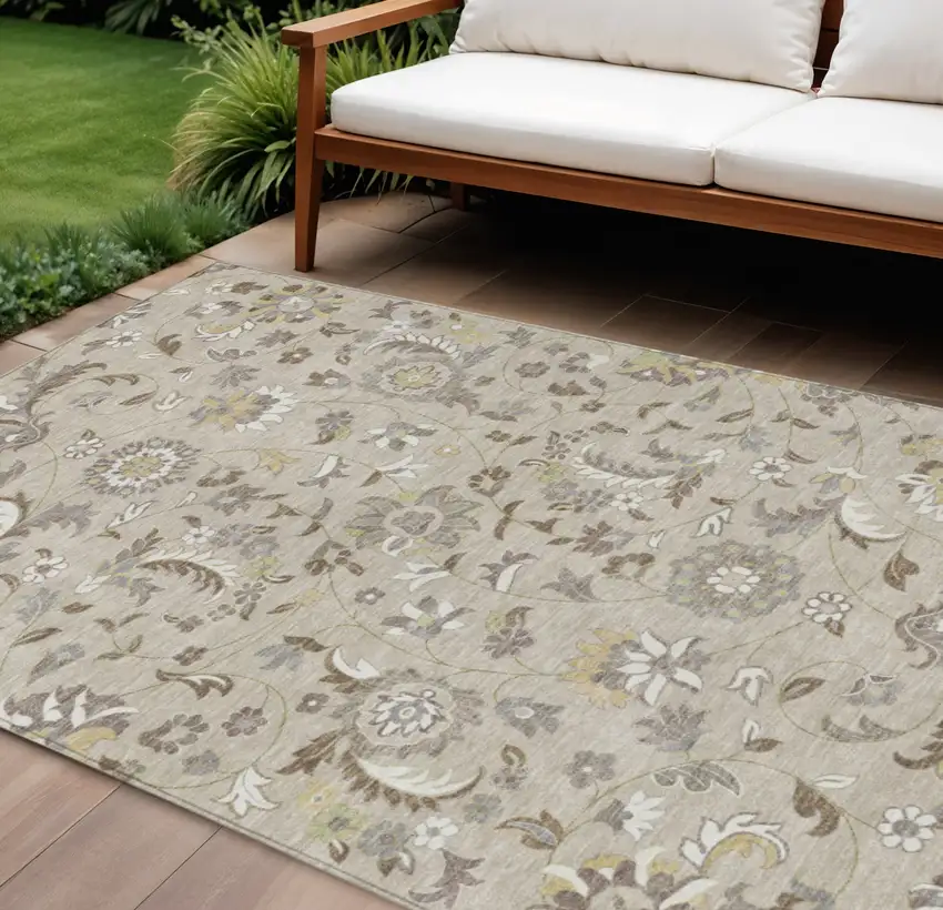 Beige Brown And Gray Floral Washable Indoor Outdoor Area Rug Photo 1