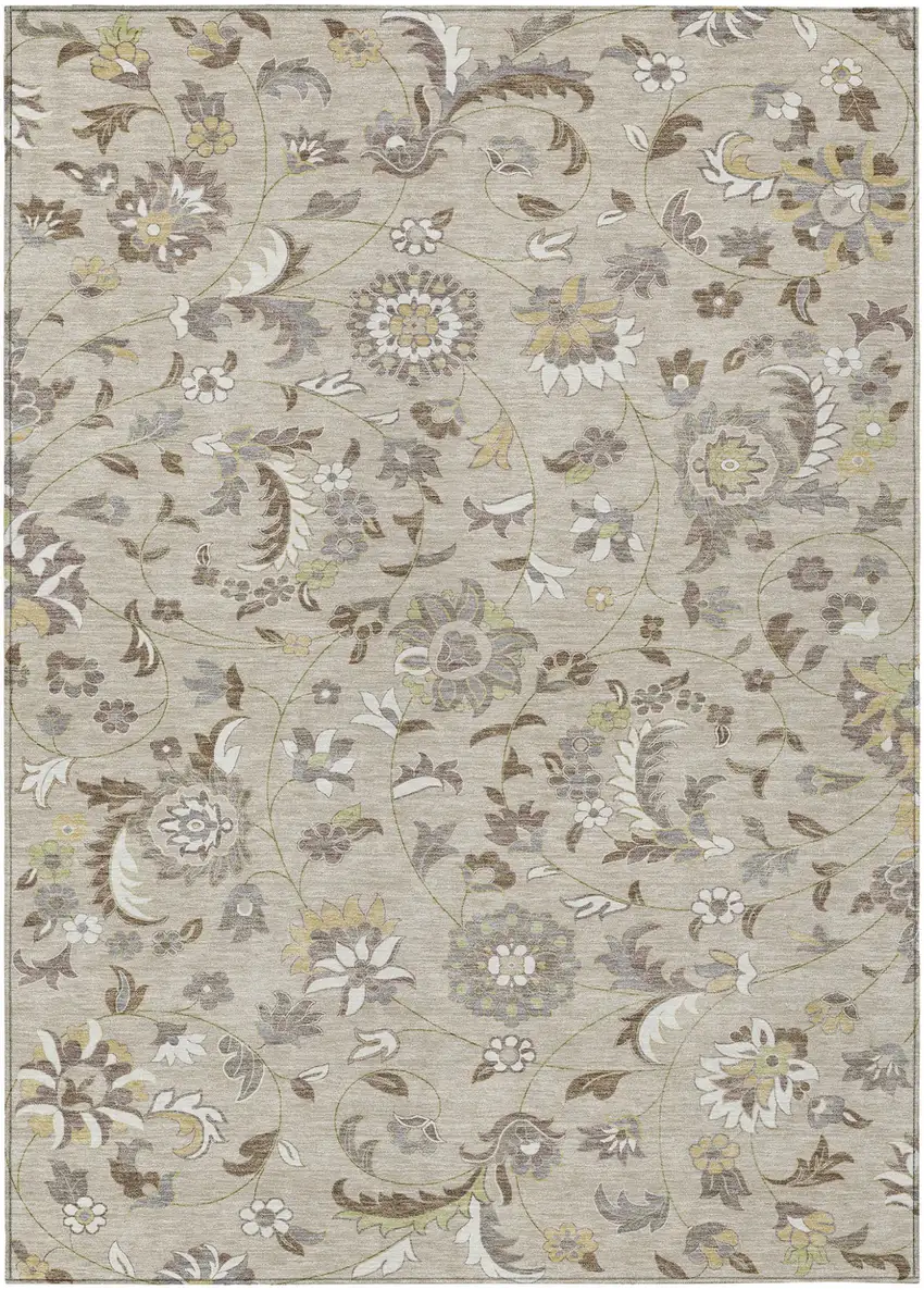 Beige Brown And Gray Floral Washable Indoor Outdoor Area Rug Photo 2