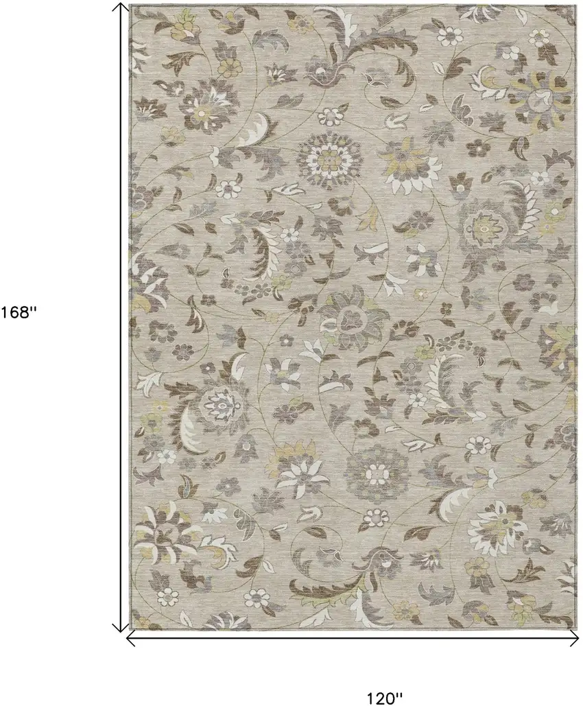 Beige Brown And Gray Floral Washable Indoor Outdoor Area Rug Photo 3