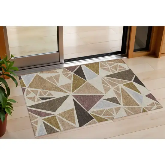 Beige Brown And Gray Geometric Washable Indoor Outdoor Area Rug Photo 1