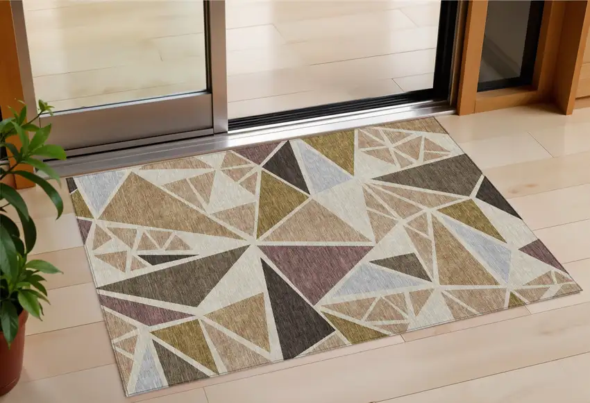 Beige Brown And Gray Geometric Washable Indoor Outdoor Area Rug Photo 1