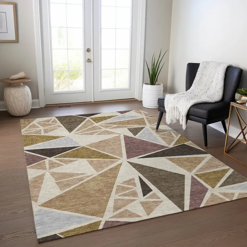 Beige Brown And Gray Geometric Washable Indoor Outdoor Area Rug Photo 9