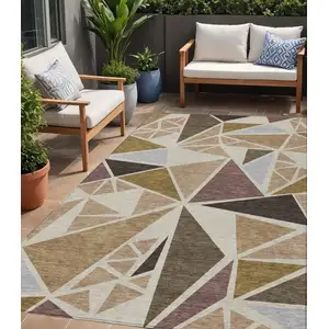 Photo of Beige Brown And Gray Geometric Washable Indoor Outdoor Area Rug