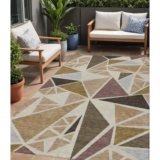 Beige Brown And Gray Geometric Washable Indoor Outdoor Area Rug Photo 1