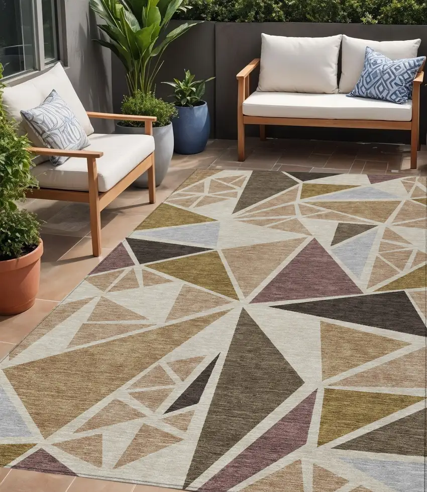 Beige Brown And Gray Geometric Washable Indoor Outdoor Area Rug Photo 1