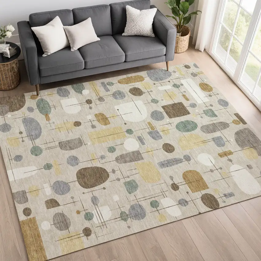 Beige Brown And Gray Geometric Washable Indoor Outdoor Area Rug Photo 5