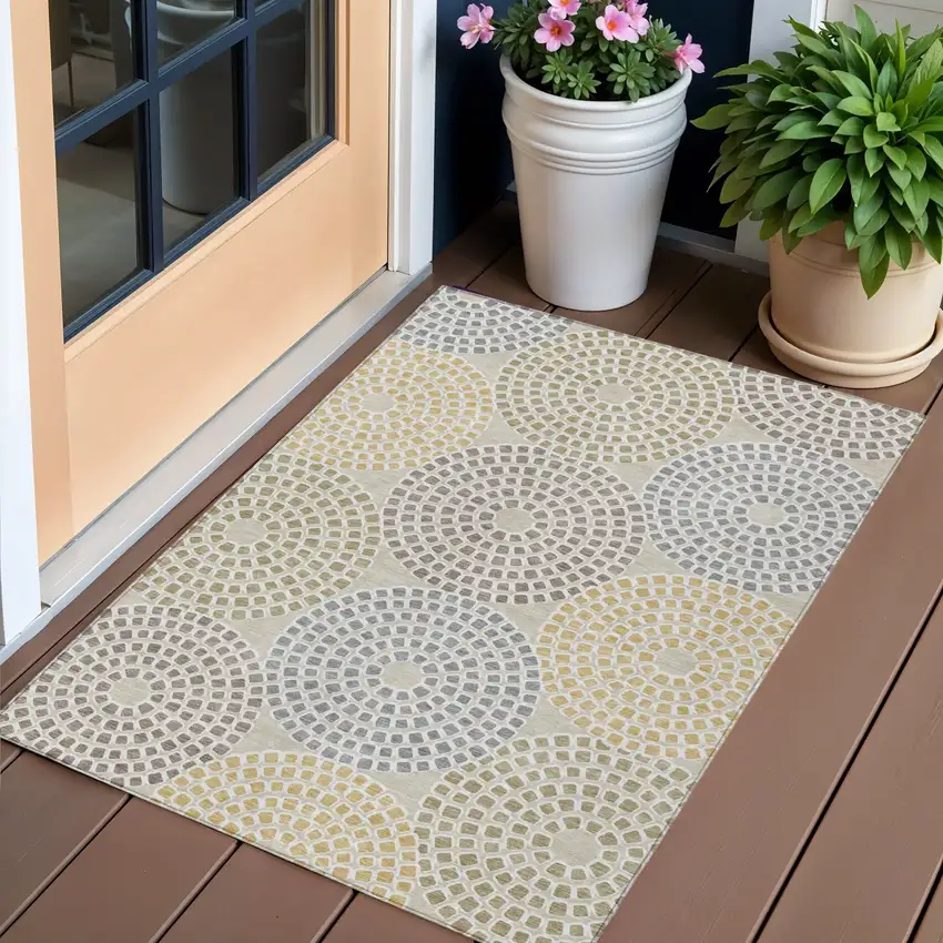 Beige Brown And Gray Geometric Washable Indoor Outdoor Area Rug Photo 1