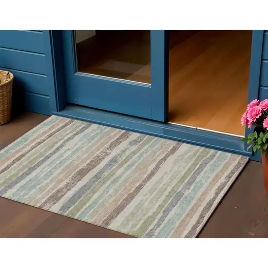 Beige Brown And Gray Striped Washable Indoor Outdoor Area Rug Photo 1