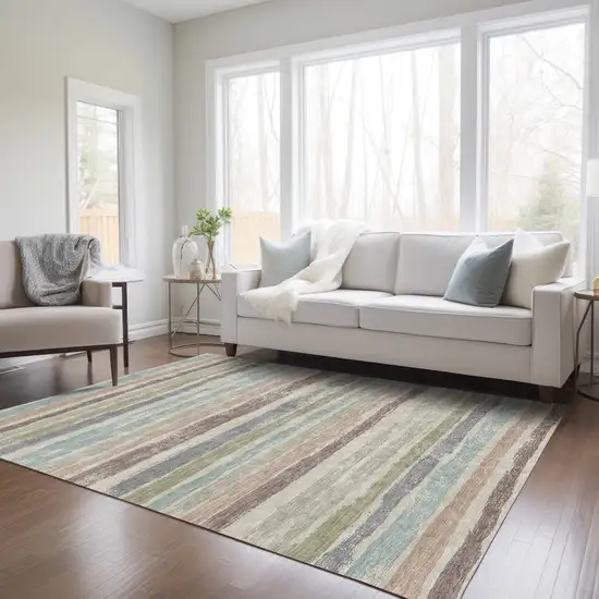 Beige Brown And Gray Striped Washable Indoor Outdoor Area Rug Photo 9