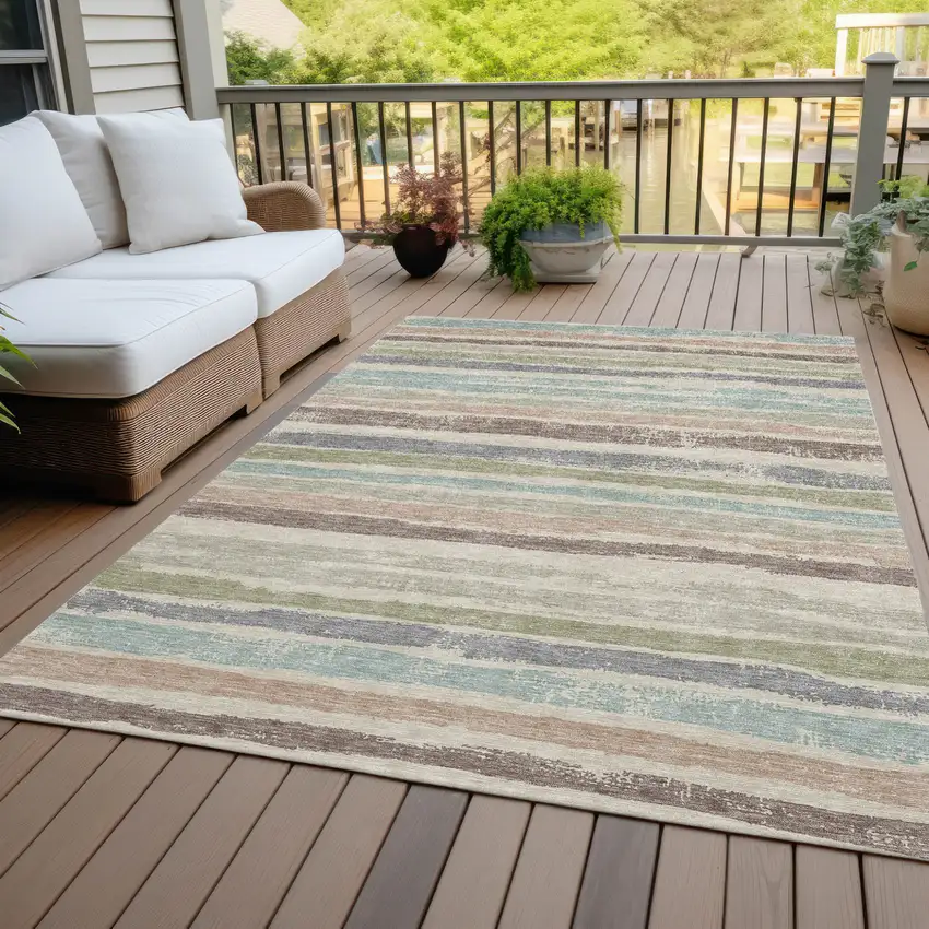 Beige Brown And Gray Striped Washable Indoor Outdoor Area Rug Photo 7