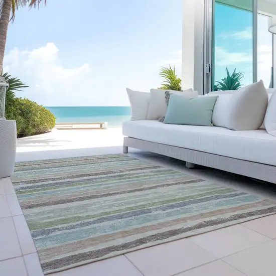 Beige Brown And Gray Striped Washable Indoor Outdoor Area Rug Photo 9
