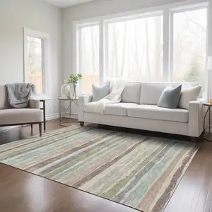 Photo of Beige Brown And Gray Striped Washable Indoor Outdoor Area Rug