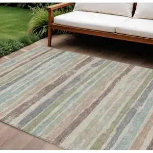 Photo of Beige Brown And Gray Striped Washable Indoor Outdoor Area Rug