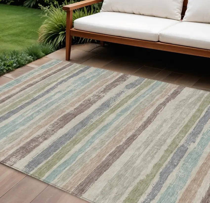 Beige Brown And Gray Striped Washable Indoor Outdoor Area Rug Photo 1