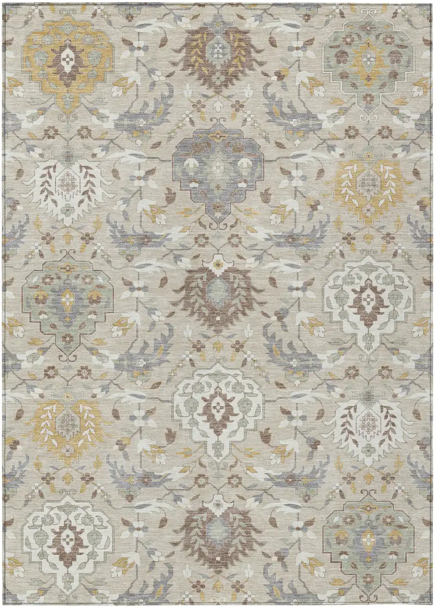 Beige Brown And Green Damask Washable Indoor Outdoor Area Rug Photo 2