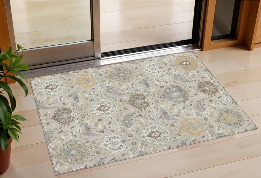 Beige Brown And Green Damask Washable Indoor Outdoor Area Rug Photo 1